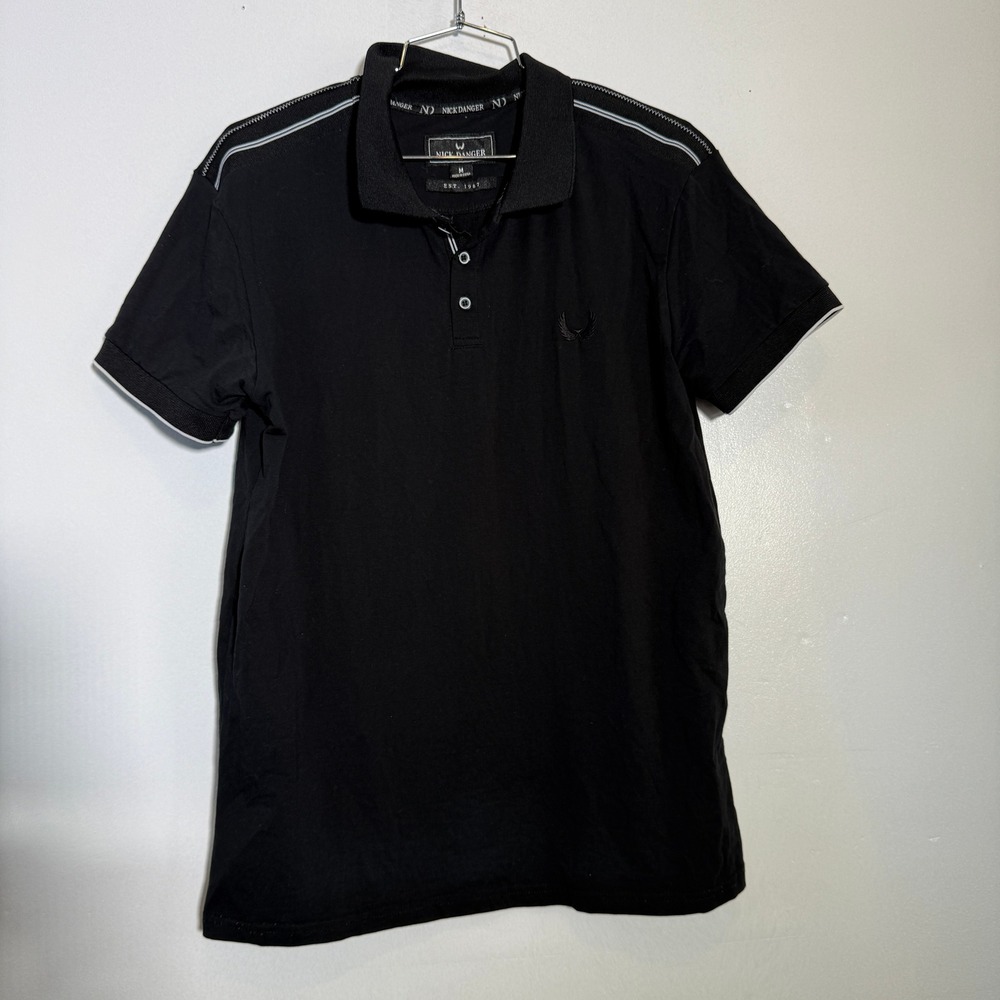 Nick‎ Danger Polo Shirt Mens M Black Short Sleeve Wing Logo Piping